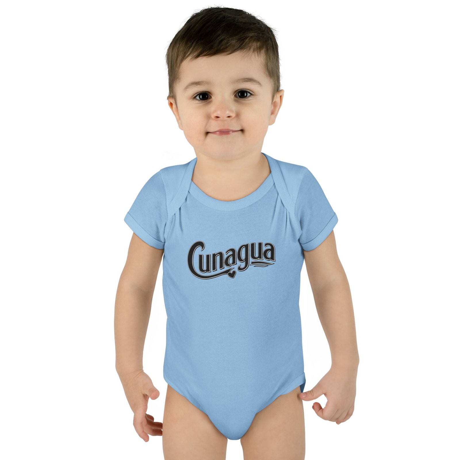 cunagua infant bodysuit | minimal baby one piece with branded script logo | soft airlume cotton jersey