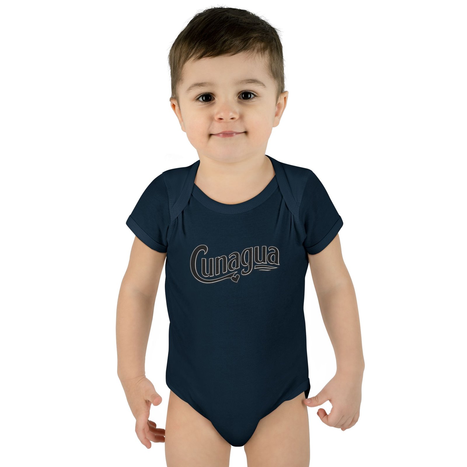 cunagua infant bodysuit | minimal baby one piece with branded script logo | soft airlume cotton jersey