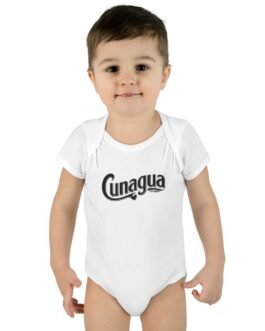 cunagua infant bodysuit | minimal baby one piece with branded script logo | soft airlume cotton jersey