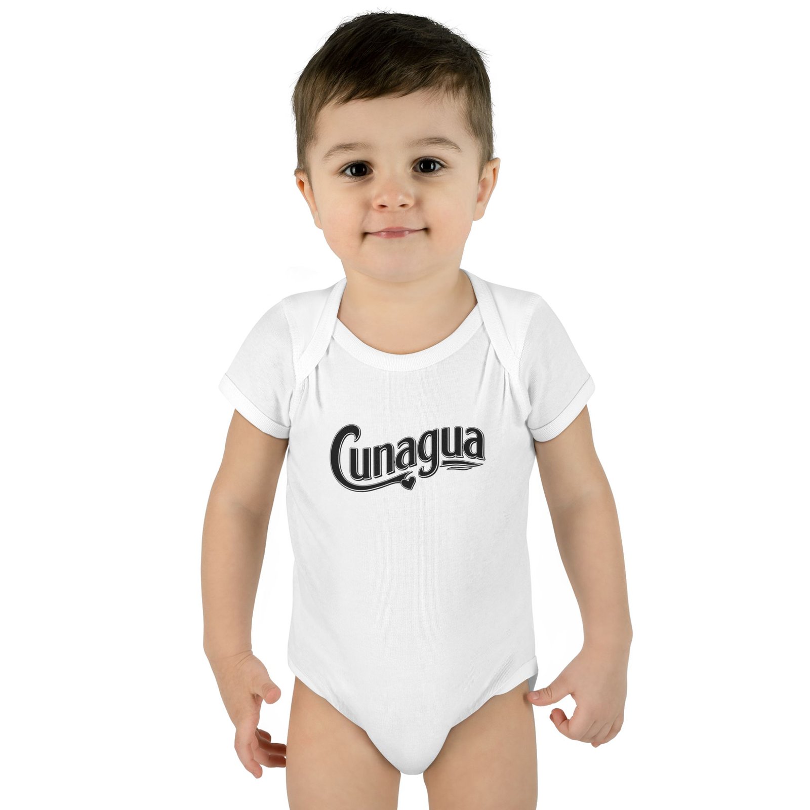cunagua infant bodysuit | minimal baby one piece with branded script logo | soft airlume cotton jersey