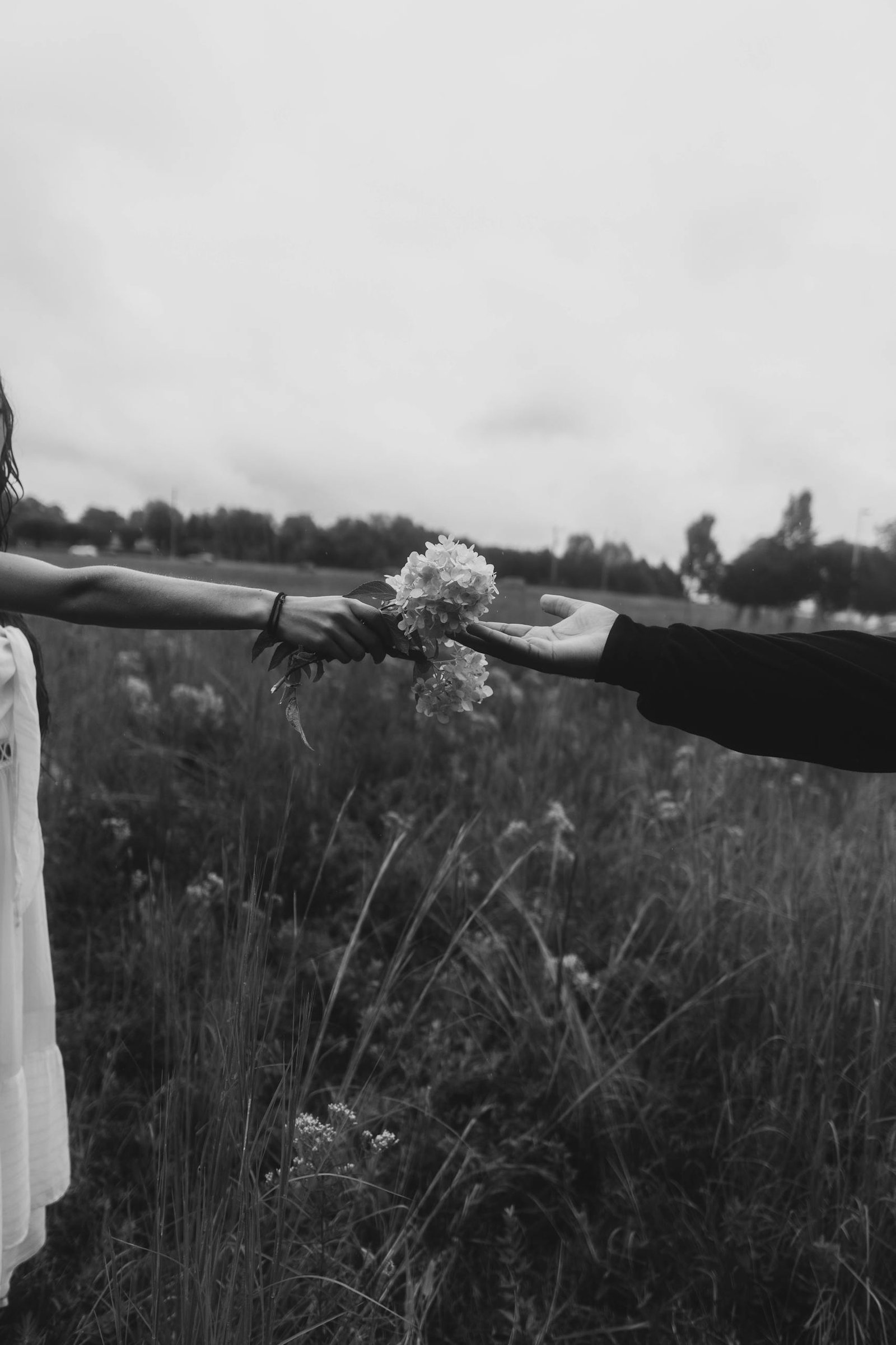 A couple shares a moment of love as they exchange flowers in a serene field.